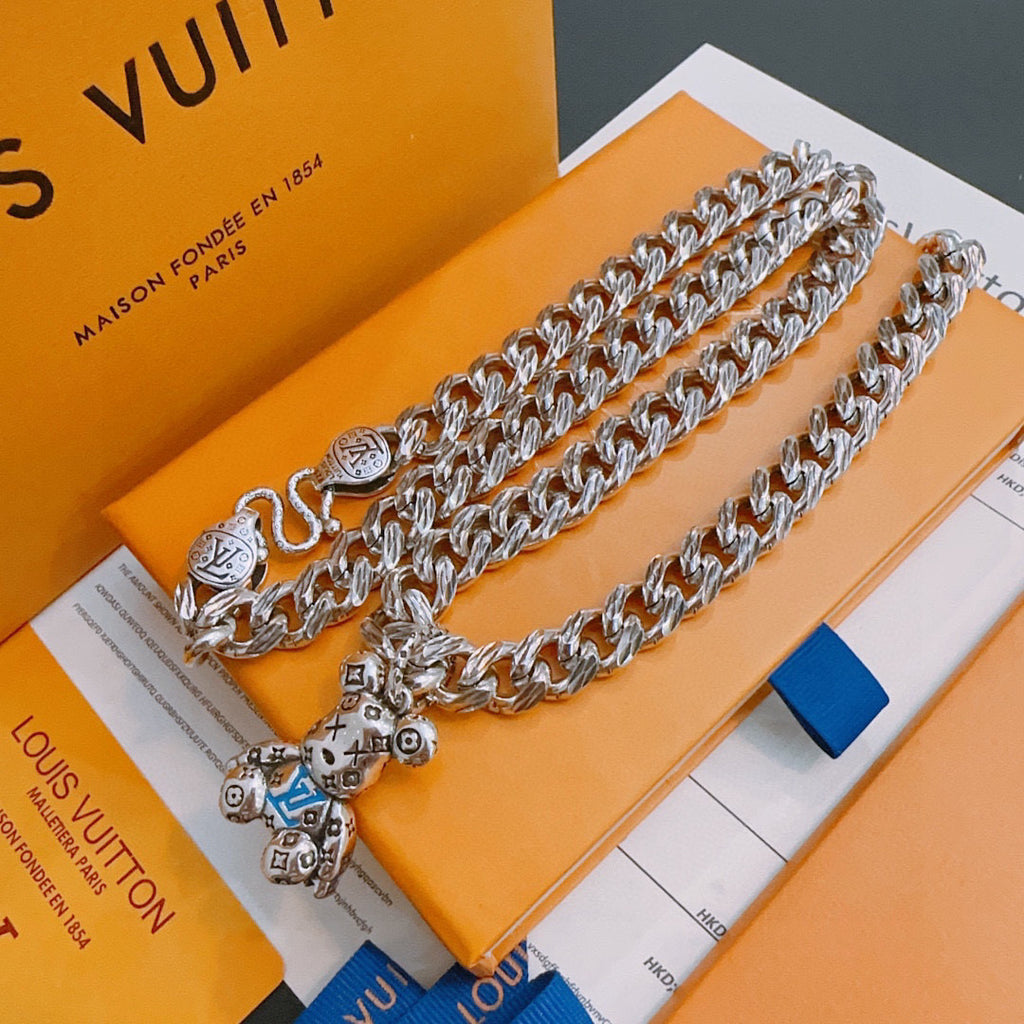 Louis Vuitton silver chain necklace with charm pendant, on box and paper insert