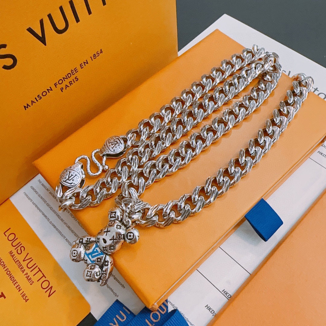 Louis Vuitton silver chain necklace with charm pendant, on box and paper insert