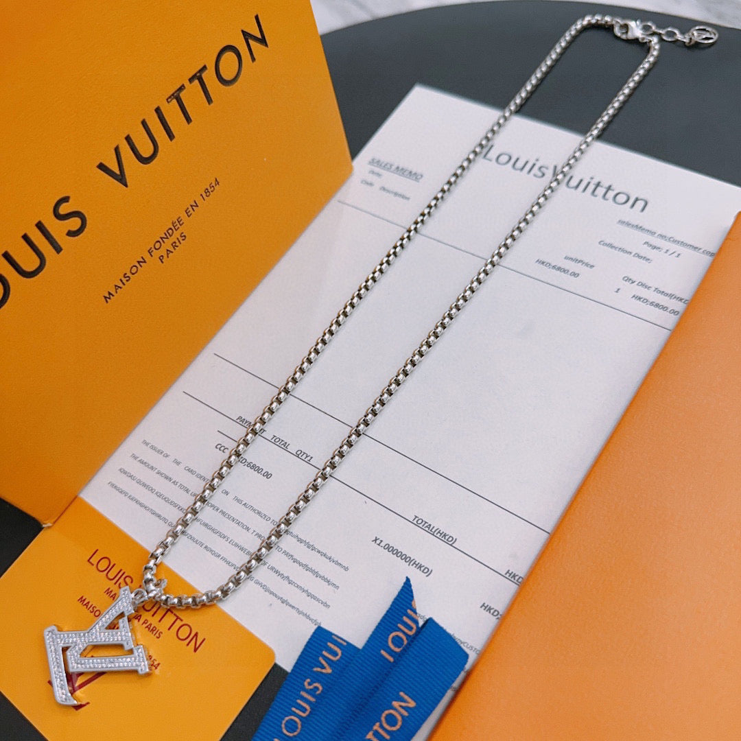 Silver-tone chain necklace with LV monogram pendant charm