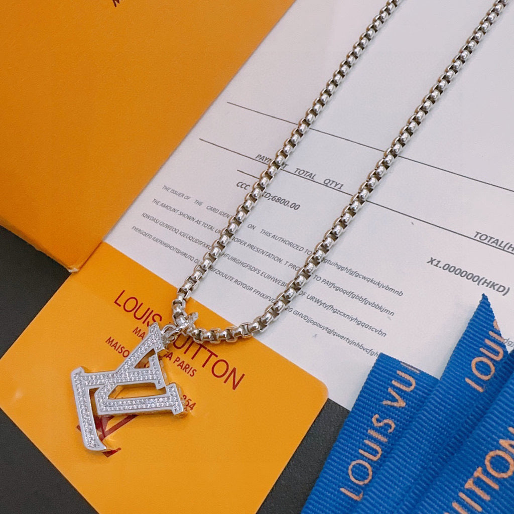 Silver-tone chain necklace with LV monogram pendant charm