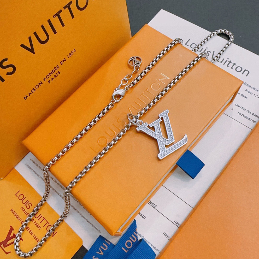 Silver-tone chain necklace with large LV monogram pendant charm