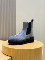 Moncler suede Chelsea boot with elastic side gore and dark rubber sole, side view