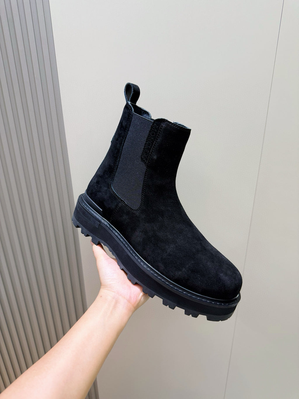 Moncler black suede Chelsea boot with side elastic gore and treaded sole