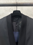 Long-sleeve jacket neckline and inner placket, dark fabric with multicolor trim