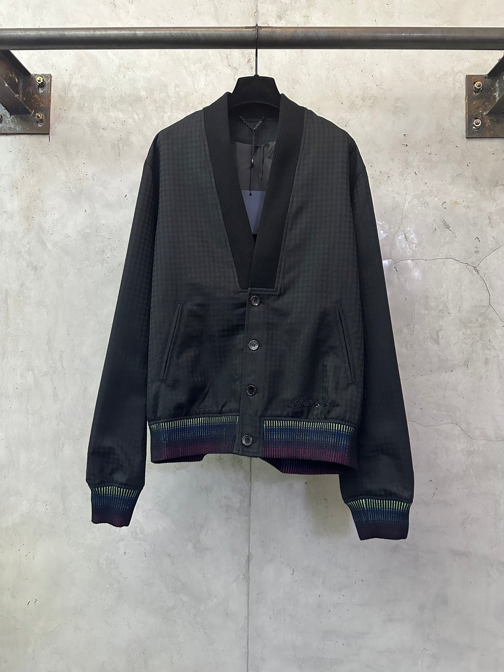 Long-sleeve button-up jacket, dark with multicolor striped ribbed hem