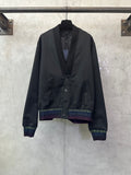 Long-sleeve button-up jacket, dark with multicolor striped ribbed hem