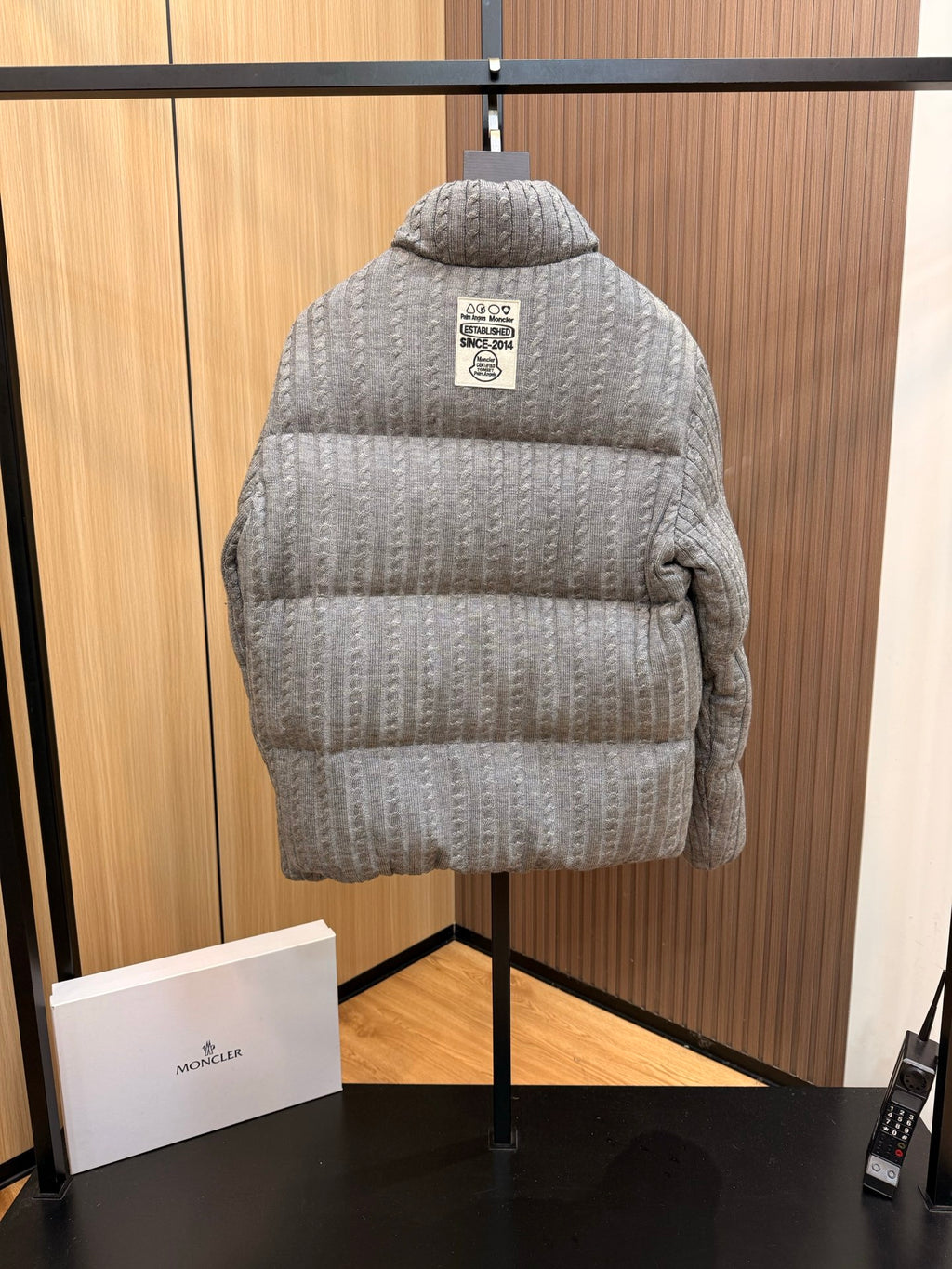 Moncler long quilted puffer jacket back view, light gray, hood and small label
