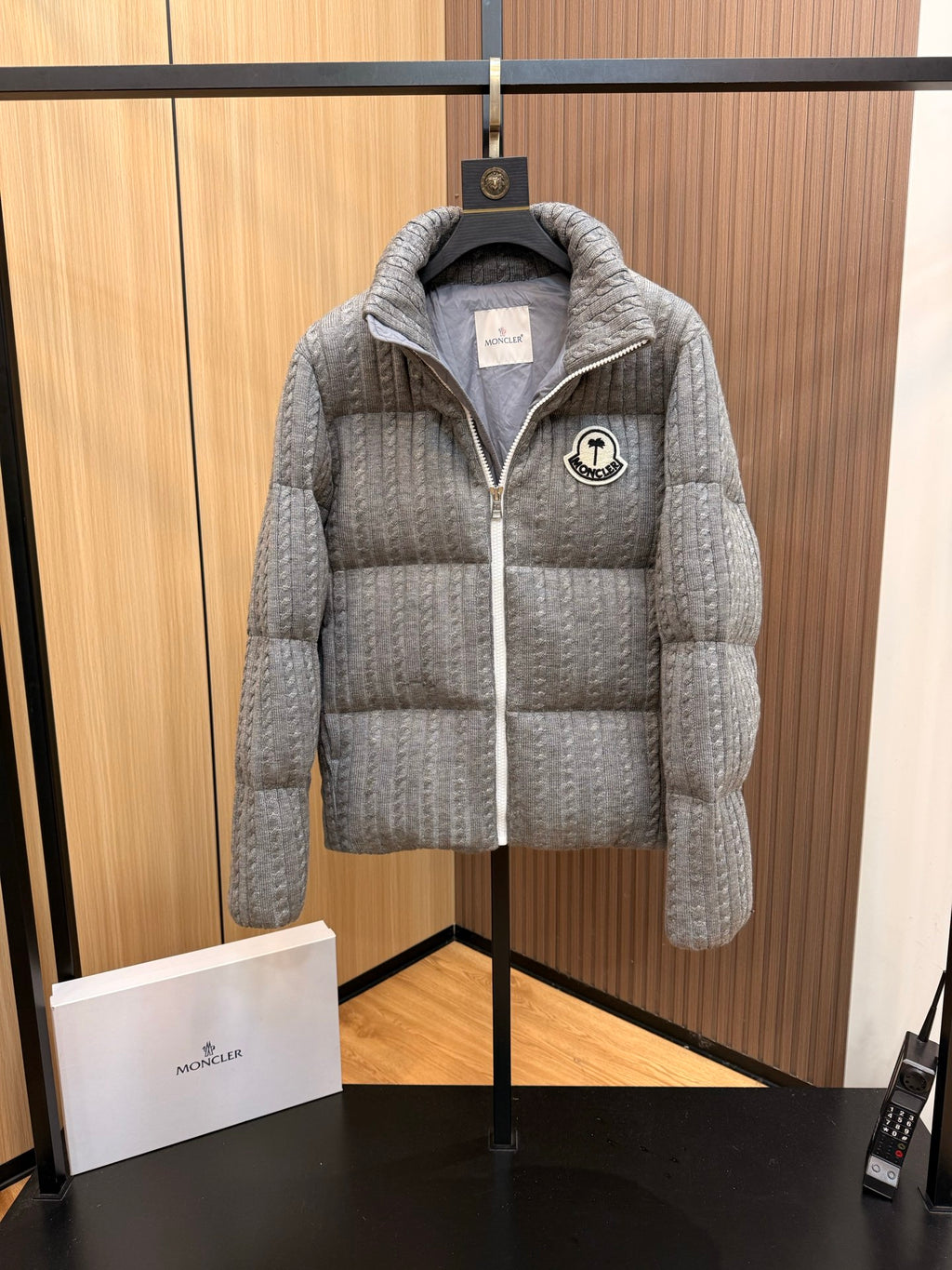 Moncler long quilted puffer jacket, light gray, front zipper and hood up
