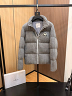 Moncler long quilted puffer jacket, light gray, front zipper and hood up