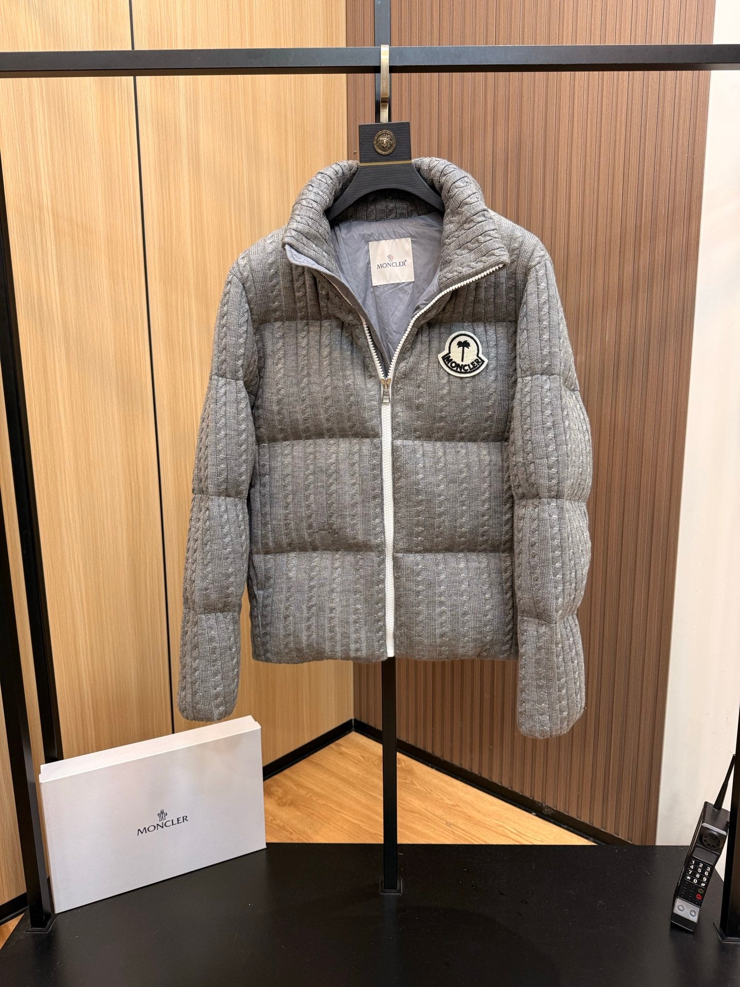 Moncler long quilted puffer jacket, light gray, front zipper and hood up