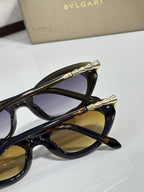 Black sunglasses close-up with gold-tone temple tips and tinted lenses