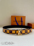 Louis Vuitton Damier check belt with gold V-style buckle, dark and yellow pattern