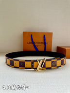 Louis Vuitton Damier check belt with gold V-style buckle, dark and yellow pattern