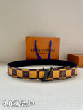 Leather checkered belt with dark blue and yellow pattern, metal buckle