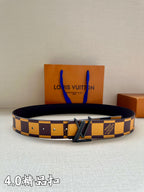 Leather checkered belt with dark blue and yellow pattern, metal buckle