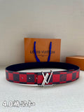 Checked fabric belt with dark backing and silver-tone V buckle