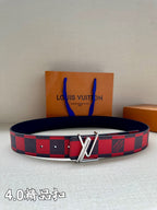 Checked fabric belt with dark backing and silver-tone V buckle