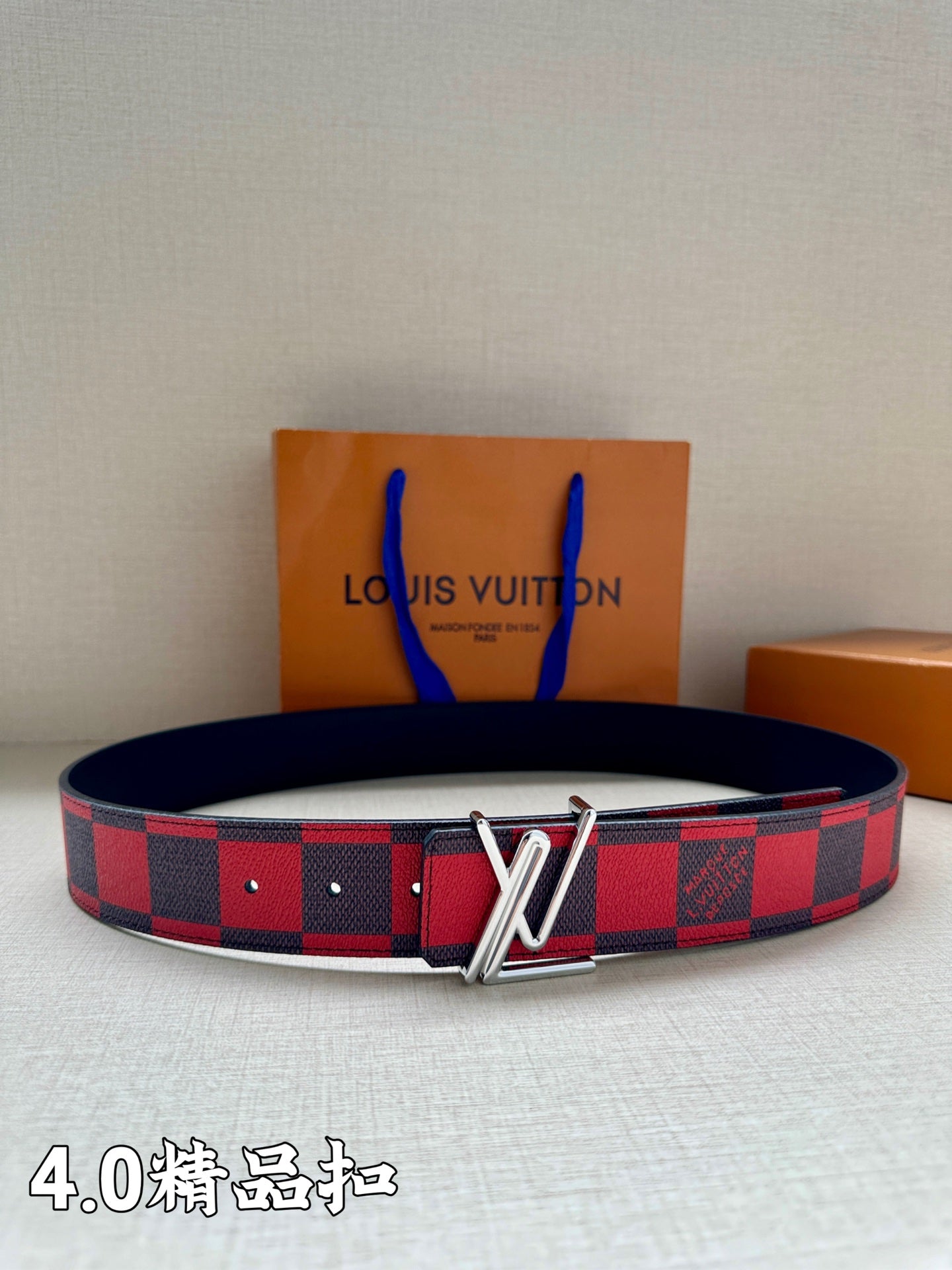 Checked fabric belt with dark backing and silver-tone V buckle