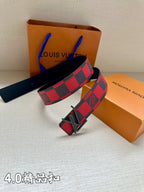 Check belt with black buckle, red and navy grid strap