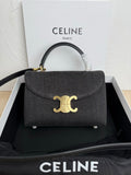 Gray textured Celine handbag with top handle, gold clasp and flap front.