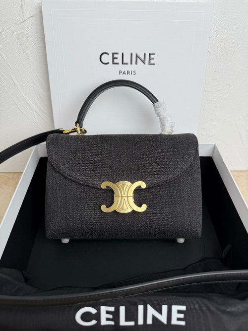 Gray textured Celine handbag with top handle, gold clasp and flap front.
