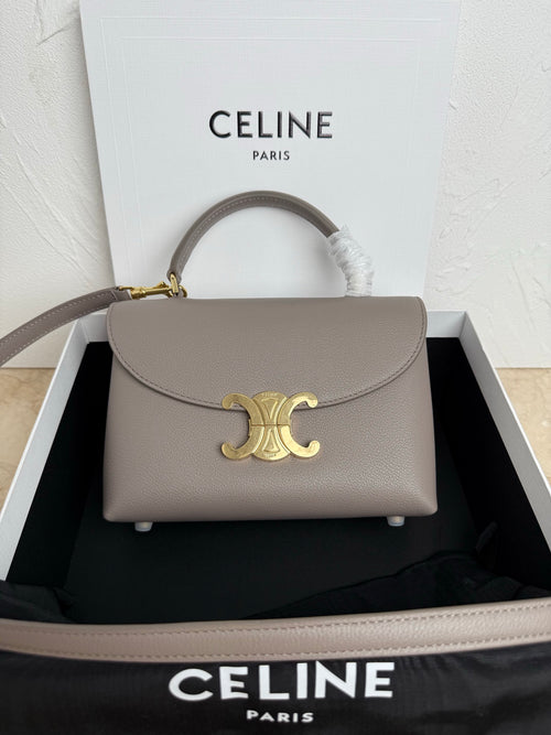 Celine mini top-handle bag in taupe with front flap and gold logo clasp