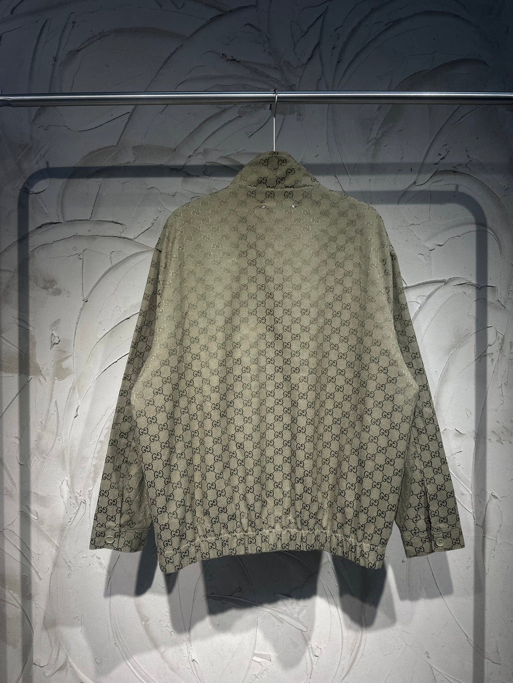 Gucci-pattern zip jacket back view with stand collar