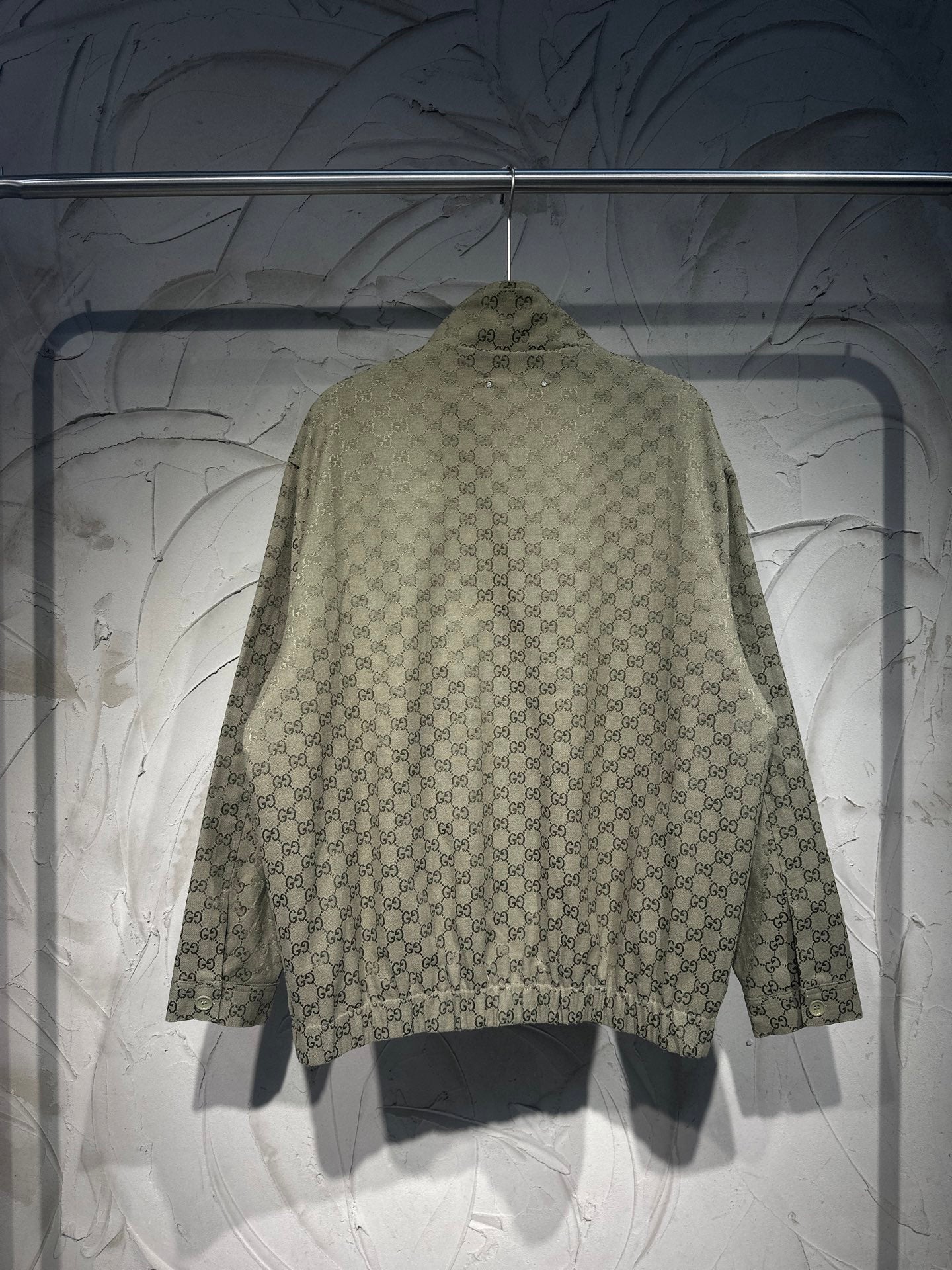 Gucci-pattern zip jacket back view with stand collar