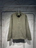 Gucci-pattern zip jacket with stand collar, long sleeves, dark olive color