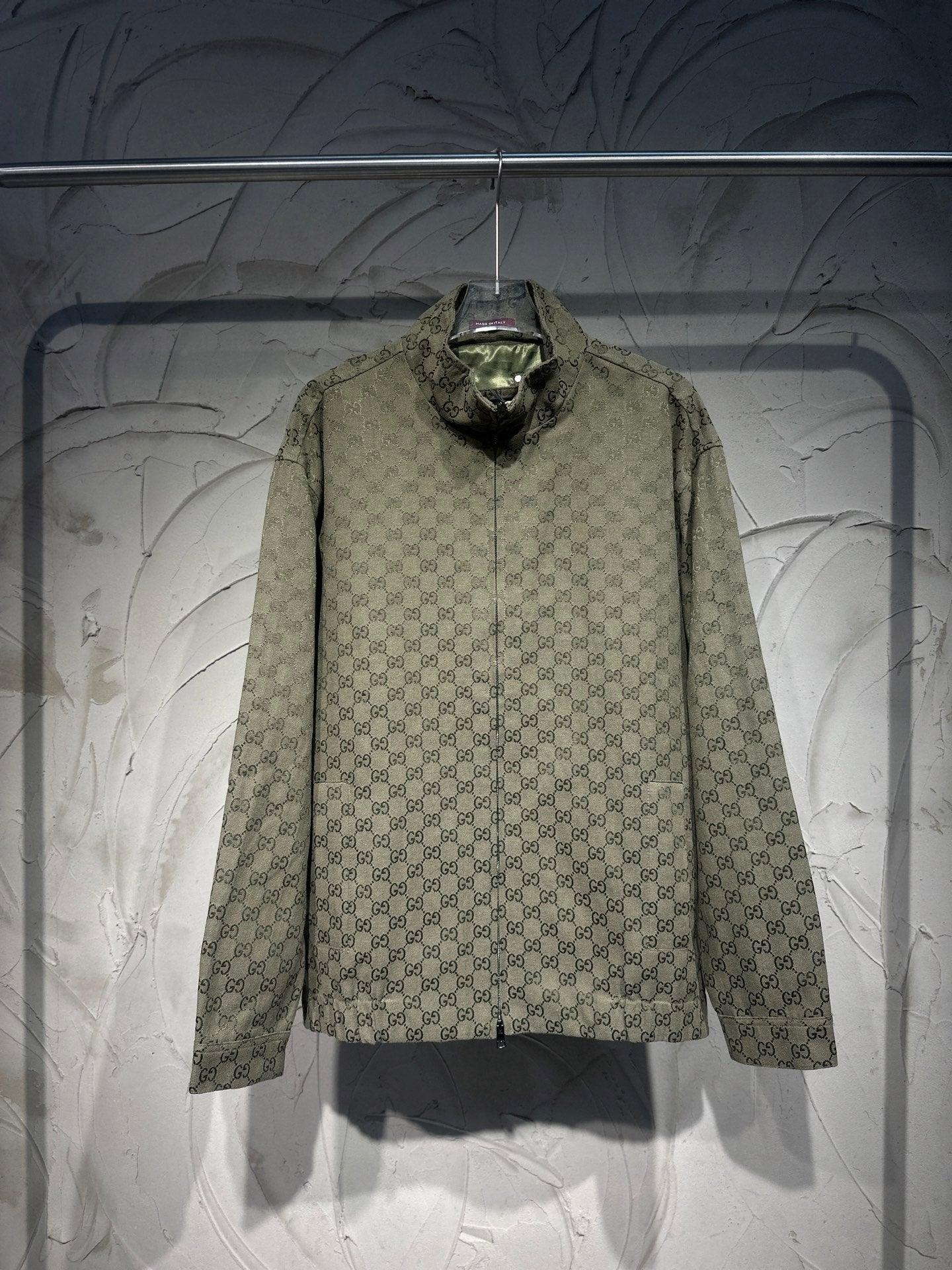 Gucci-pattern zip jacket with stand collar, long sleeves, dark olive color