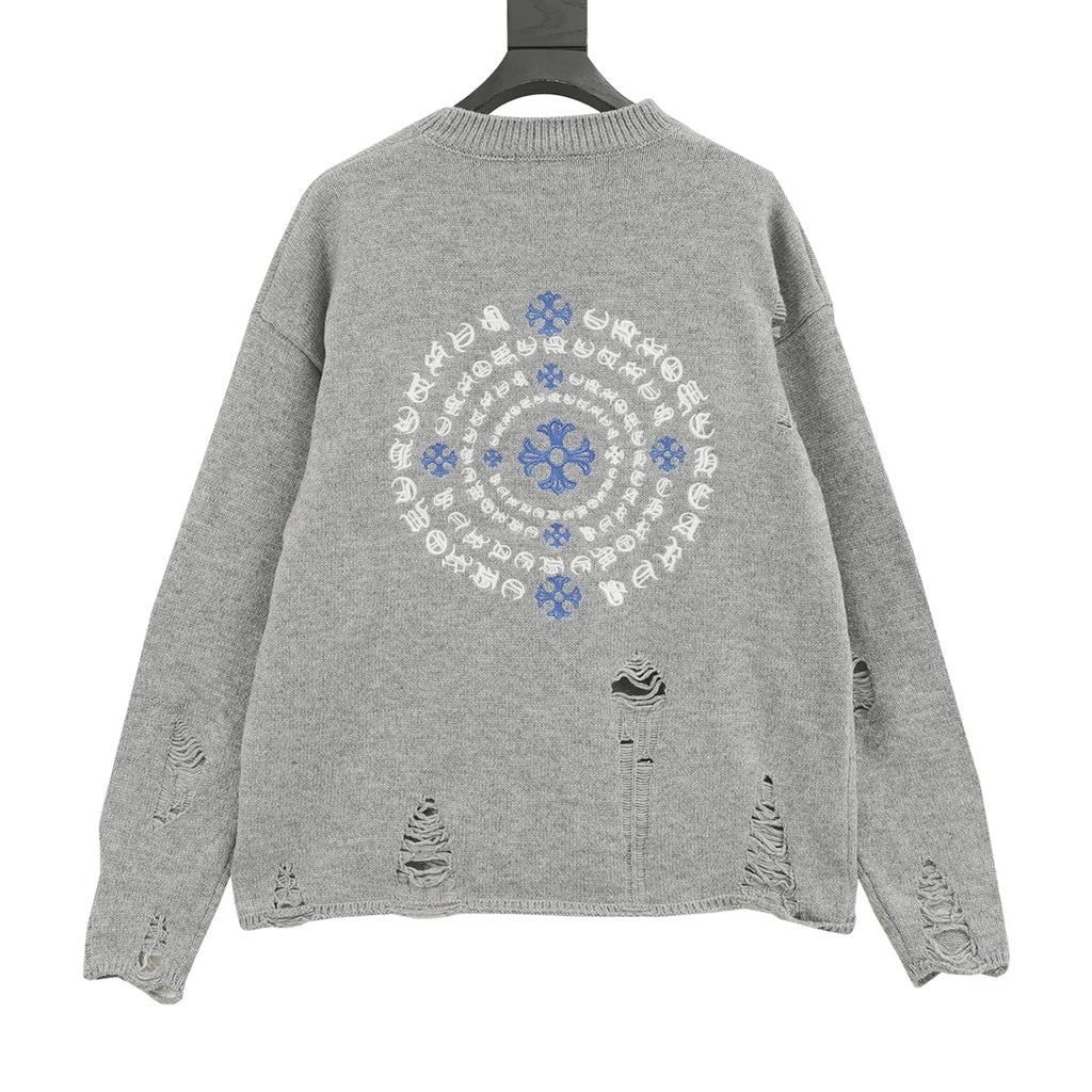 Heather gray long-sleeve knit sweater, back with large blue-and-white circular embroidery