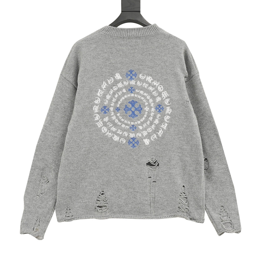 Heather gray long-sleeve knit sweater, back with large blue-and-white circular embroidery