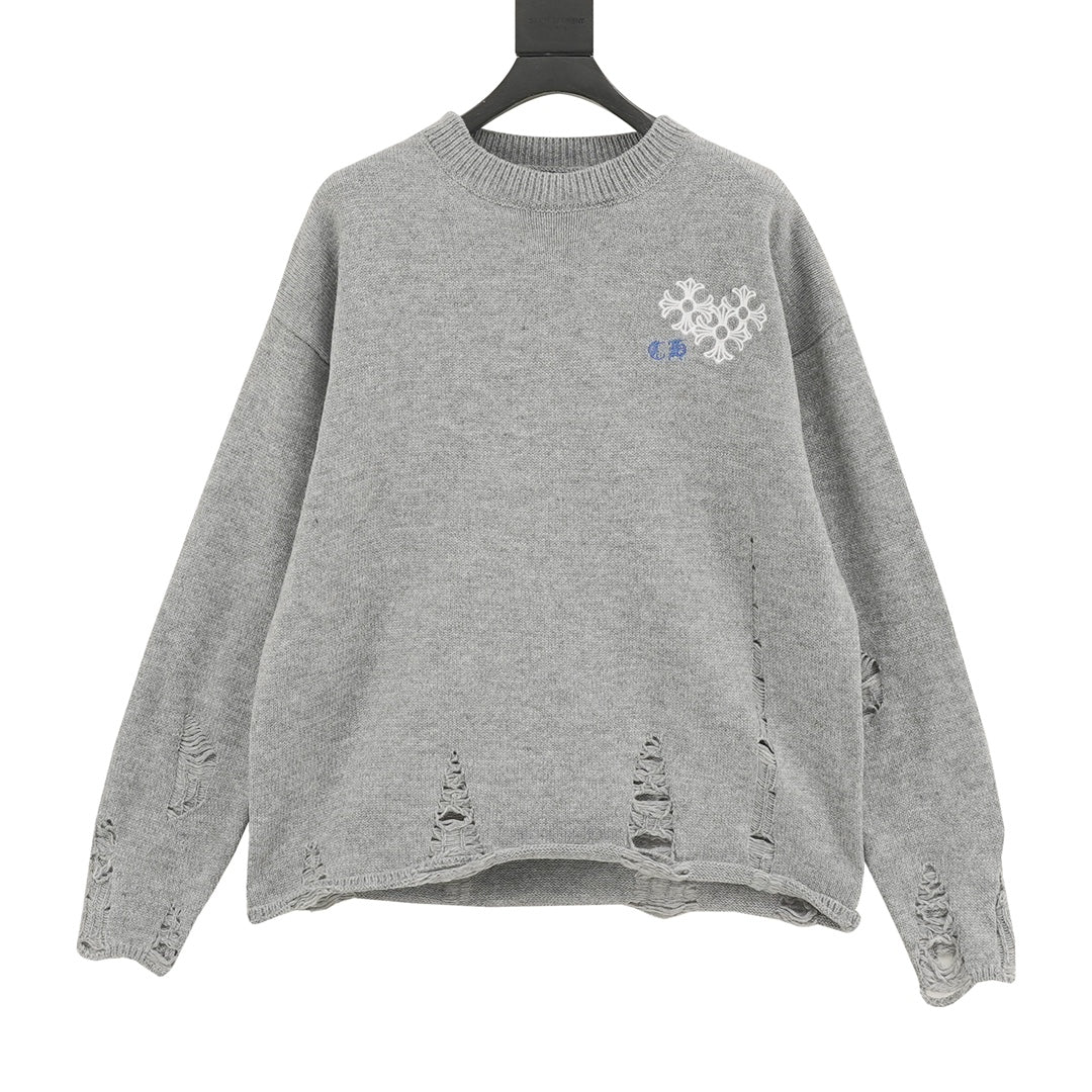 Heather gray long-sleeve knit sweater with small chest embroidered graphic