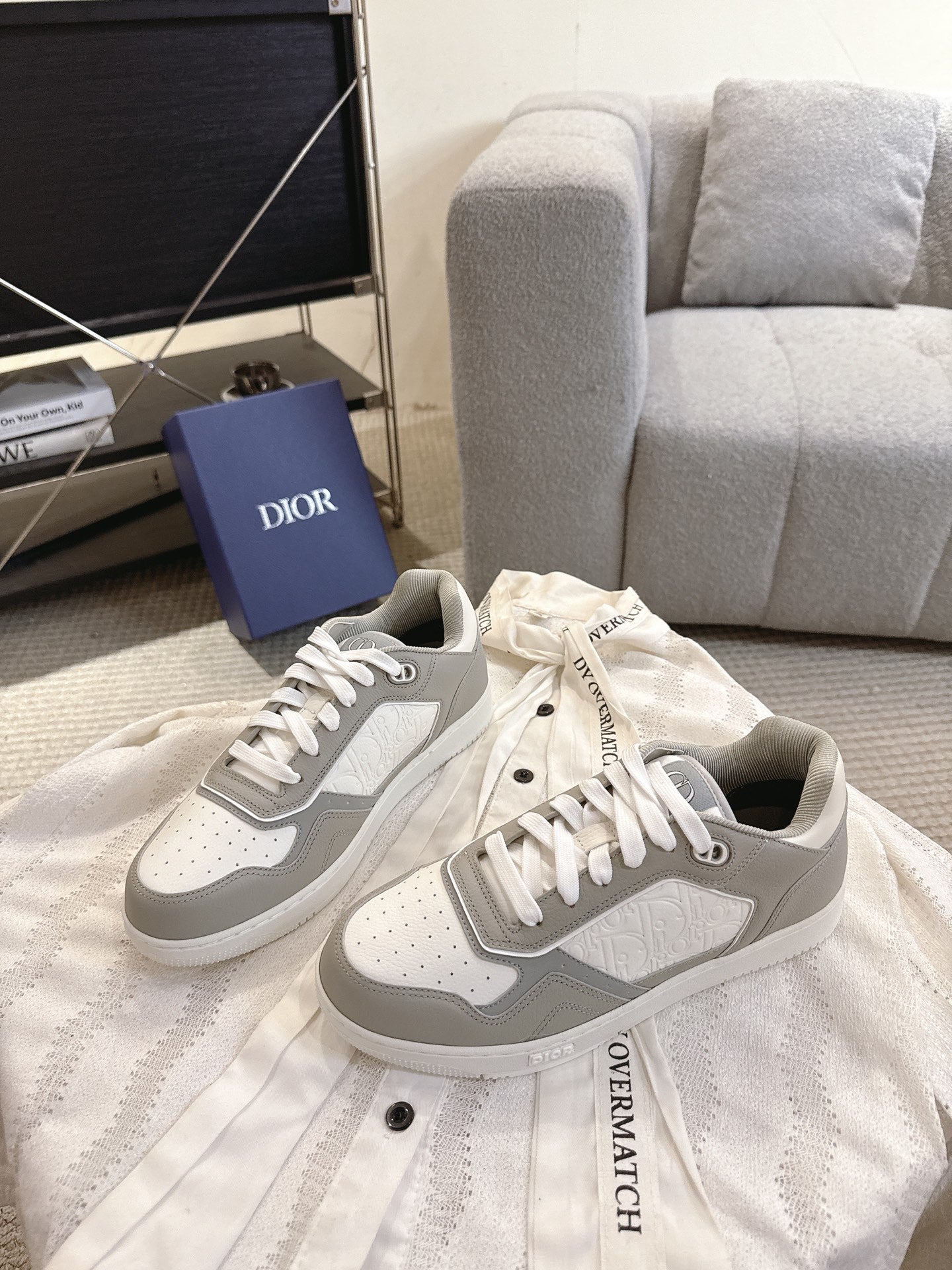 Dior unisex sneakers, white and gray lace-up fronts with stitched details