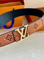 Louis Vuitton belt close-up: monogram canvas with gold-tone double-prong buckle