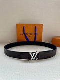 Louis Vuitton belt in dark leather with LV logo buckle, adjustable strap with holes