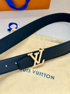 Dark blue leather belt with gold LV buckle, shown from side angle on strap.