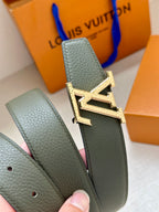 Light green leather belt with silver LV buckle detail