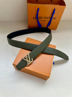 Dark green leather belt with silver LV buckle on strap