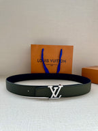 Dark green leather belt with silver LV buckle