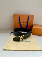 Dark green leather belt with silver LV buckle and loop strap