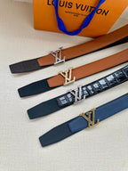 Louis Vuitton belt set, dark and blue straps with LV buckle accents