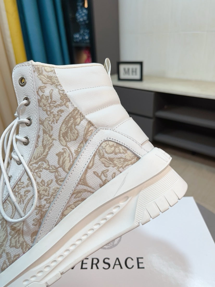 High-top sneakers in light beige with gold baroque pattern, white straps and tread sole
