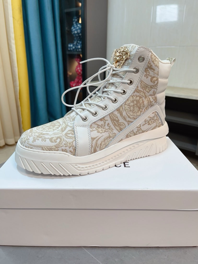 High-top sneakers in light beige with gold baroque print, lace-up and chunky sole
