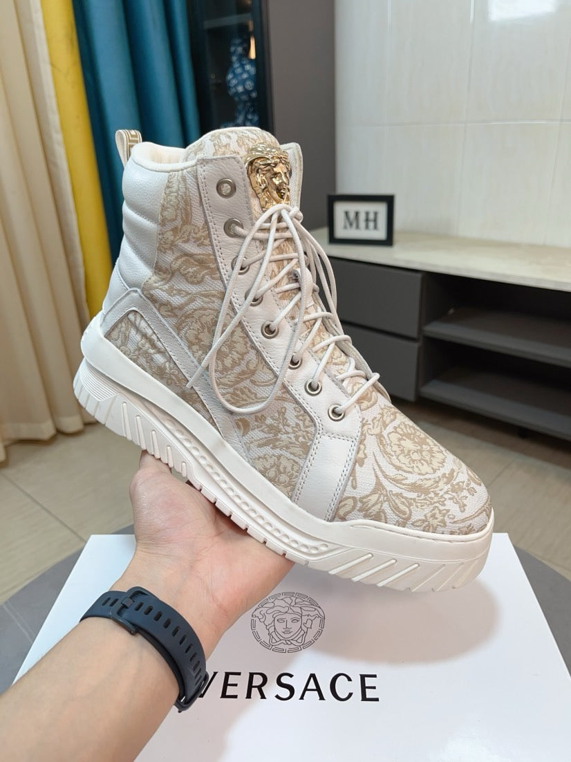 High-top lace-up sneakers in light beige and white with baroque panel and gold logo