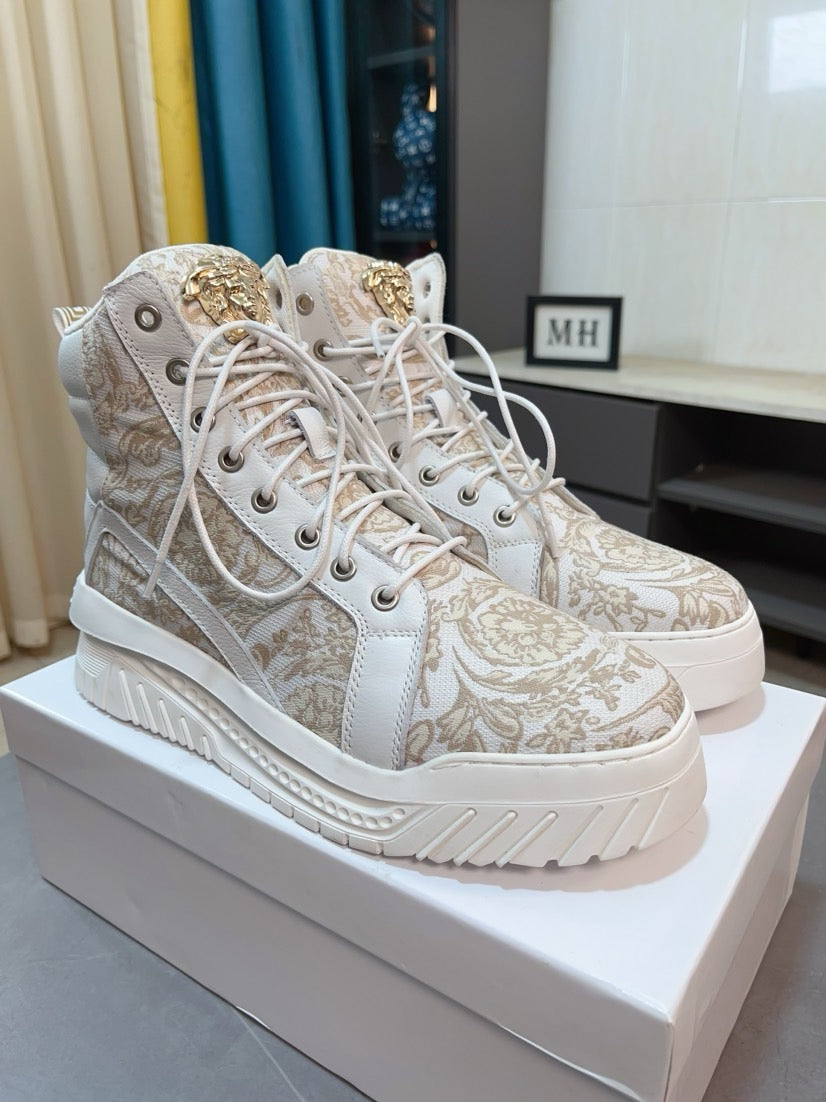 High-top sneakers in light beige with baroque jacquard, white laces, thick tread sole
