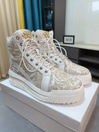 High-top sneakers in light beige with baroque jacquard, white laces, thick tread sole