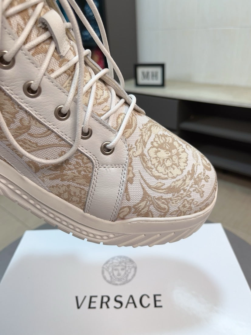 High-top sneaker upper in light beige with baroque jacquard and white lace eyelets