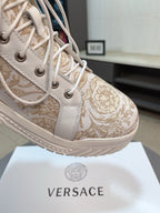 High-top sneaker upper in light beige with baroque jacquard and white lace eyelets