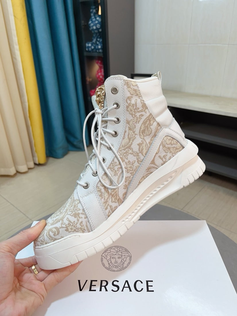 High-top lace-up sneakers in light beige with gold baroque print and chunky rubber sole
